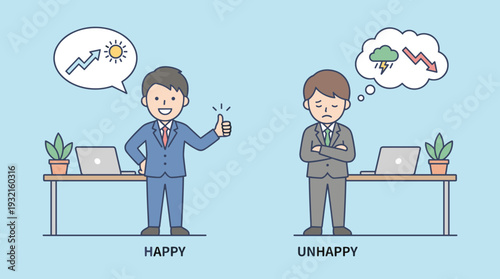 Vector illustration of two businessmen showing success and failure; one happy man with a rising graph and sun, and one unhappy man with a falling arrow and storm cloud at their office desks.