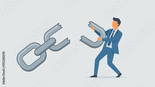 Businessman in a Professional Suit Trying to Hold a Broken Metal Chain Together, Concept of Fixing a Weak Link, Problem Solving, Crisis Management, and Business Resilience, Flat Vector Design