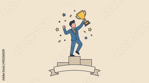 Successful businessman celebrating career achievement on a winner's podium holding a gold trophy cup. Concept of leadership, business champion, winning award, and professional victory.