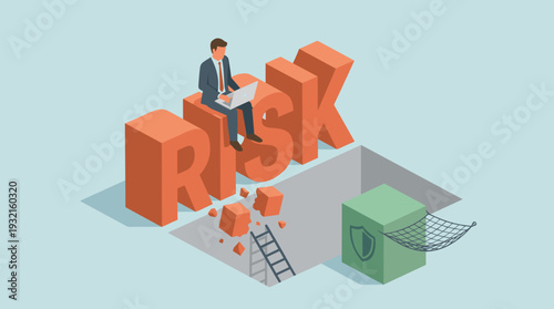 Businessman with Laptop Sitting on Large 3D Word Risk Crumbling into a Pit, Isometric Vector Illustration of Career Insecurity, Financial Crisis, Risk Management, and Safety Net Protection