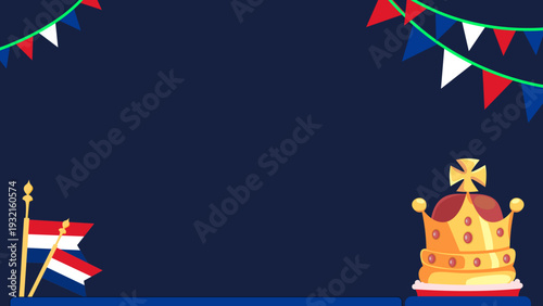 Orange Dutch Kings Day background with flag banners and copy space