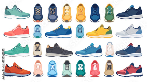 Trendy Fashion Sneakers Collection – Modern Colorful Sports Shoes Set for Men and Women Flat Vector Illustration