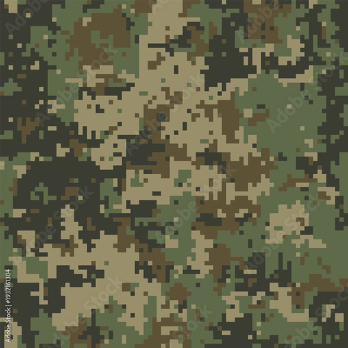 Abstract digital camouflage pattern.  Earthy tones blend seamlessly for a versatile texture ideal for military, tactical, or fashion design projects.