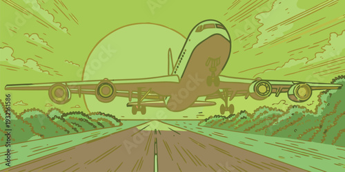 Stylized flat vector illustration of a passenger plane ascending from a runway during a warm sunrise