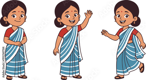 Set of three cute cartoon Indian woman characters wearing traditional blue saree in different poses, illustrated in a friendly flat style, perfect for cultural themes, educational materials, children’
