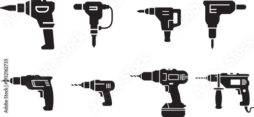 Electric Drill and Jackhammer Silhouette Icons for Industrial Power Tool Projects