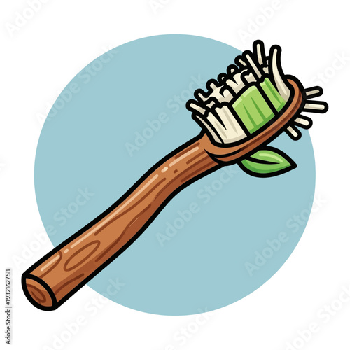 An eco-friendly wooden toothbrush with green bristles and a small leaf design, set against a light blue circular background.