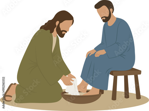 Jesus Washing Disciples Feet Maundy Thursday Flat Illustration