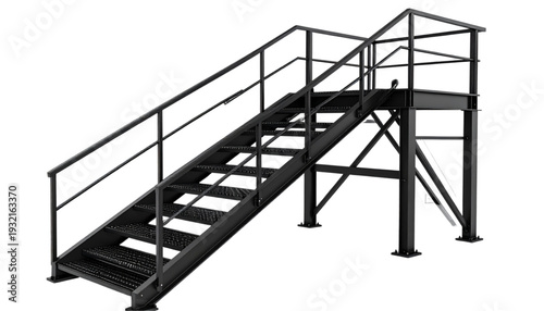 Modern metal staircase with handrails and open risers on an outdoor platform isolated on transparent background