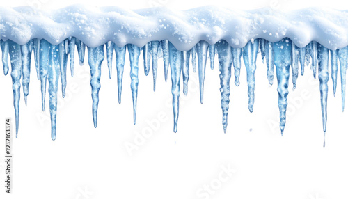 Icy formations hanging delicately from a wintery sky against a soft cloud backdrop isolated on transparent background