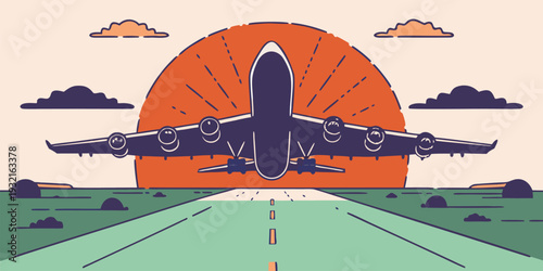 Retro style illustration of a jet airplane taking off against a large orange sunset sun