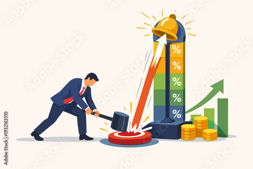 Businessman Hitting Target of Strength Tester with Hammer to Increase Business Percentage and Profit, Concept of Achieving Goals, Success, Financial Growth, Performance, and Reaching the Top