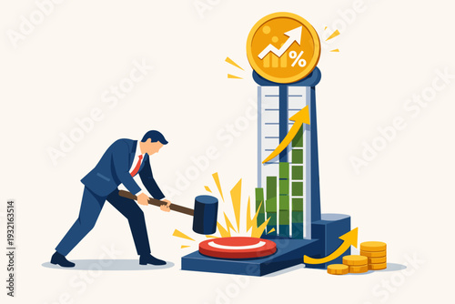 Businessman Hitting Strength Tester with Hammer to Increase Business Percentage and Profit Growth, Concept of Financial Success, Achieving Targets, and Economic Development Illustration.