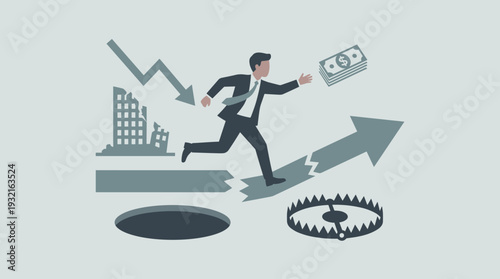 Businessman running to catch money bait, jumping over broken growth arrow with pitfall and trap below, background of financial crisis, market crash, and ruined buildings, business risk concept