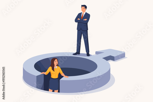 Gender inequality and discrimination concept with a businessman standing on top of a male symbol while a businesswoman is trapped in a pit below, representing the glass ceiling and sexism.