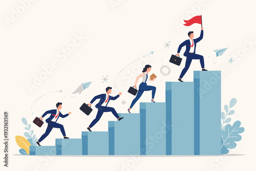 Business people in suits climbing a bar chart staircase to reach the top. A leader holding a red flag represents success, career growth, competition, and corporate achievement. Flat vector.
