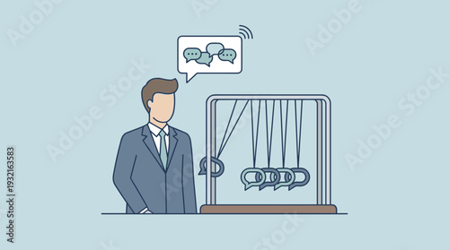 Businessman standing by a Newton's cradle with speech bubbles instead of balls, representing the chain reaction of communication, gossip, and spreading information in a professional context.