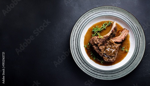 herbed greek lamb roast in gravy on a contemporary plate top view with space for text