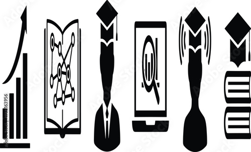 Set of Six Minimalist Black and White Icons Illustrating Education Growth, Digital Research, and Knowledge Communication Themes for Design Projects