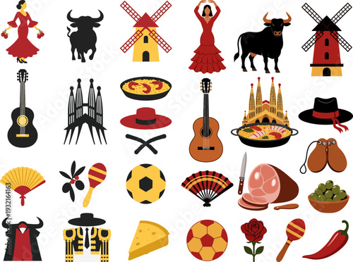 A vibrant collection of Spanish cultural icons, including flamenco dancers, bulls, windmills, guitars, paella, and Sagrada Familia, representing the traditions and flavors of Spain