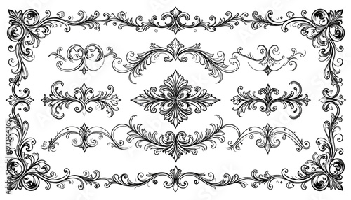 Intricate black and white geometric border pattern with symmetrical floral motifs isolated on transparent background