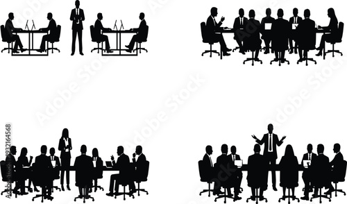 Silhouette of Business Team Meeting Discussion Strategy Planning Concept with Group of People Sitting and Standing Around Office Tables
