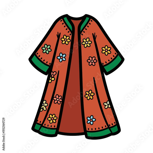 A vibrant, long, open-front robe adorned with colorful floral patterns and green trim.