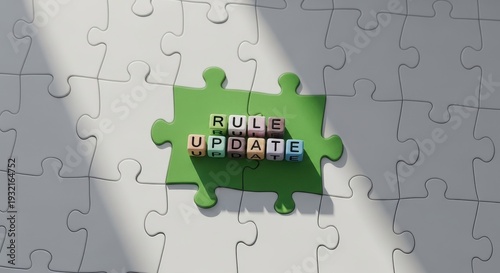 Rule Update Puzzle Piece with Colorful Letters on White Background