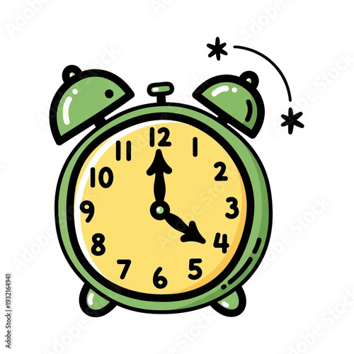 A cartoon illustration of a green alarm clock with two bells on top, showing the time as 4:00 with ringing stars.