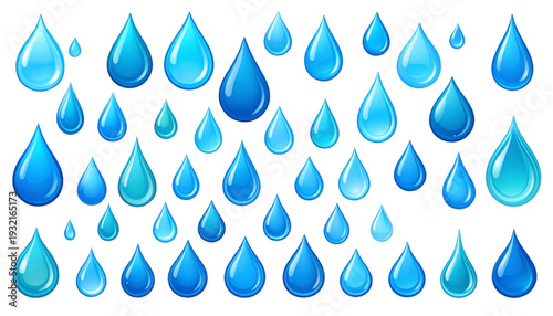 A collection of stylized water droplets in various shades of blue against a white background isolated on transparent background