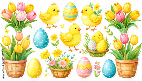 Colorful assortment of eggs and chicks in decorated baskets and flowers for spring celebration isolated on transparent background