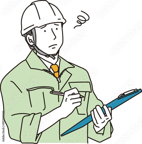 困った表情の作業服の男性のシンプルイラスト素材