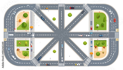 Aerial view of a modular building layout with green spaces and pathways in an urban setting isolated on transparent background