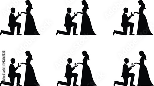 Silhouette of a romantic man on one knee proposing to his girlfriend with an engagement ring, wedding proposal icons set for marriage and love.