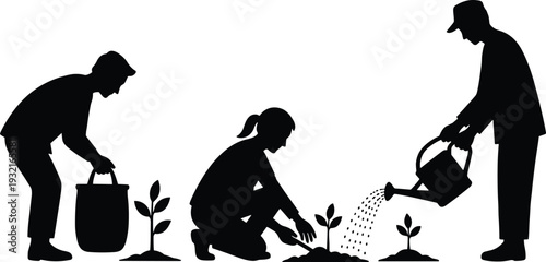 Silhouette of Diverse People Planting Saplings and Watering Plants in a Garden to Promote Environmental Conservation, Sustainability, Community Volunteering, and Green Growth Concept
