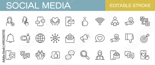 ソーシャルメディアやsnsに関するラインアイコンセット（線幅変更可能）