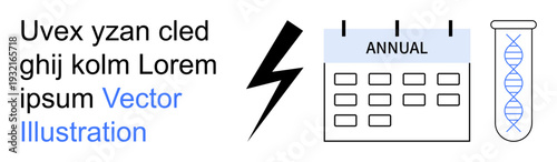Science, planning, innovation, energy, research, yearly events. Calendar labeled Annual next to DNA test tube and lightning icon. Science and planning visual concept