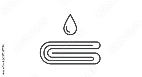 Simple black and white line icon representing a liquid drop falling onto folded textile or absorbent material for cleaning or moisture.