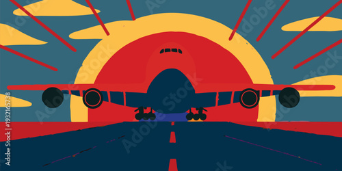 Stylized pop art illustration of a commercial jet plane preparing for takeoff during a bright sunrise