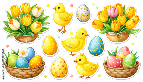 Colorful collection of cartoon eggs and chicks in a festive springtime setting isolated on transparent background