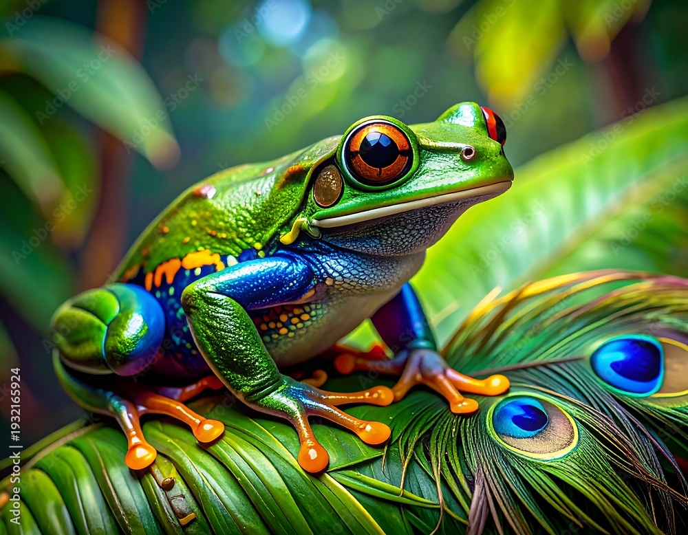 Naklejka premium Vivid frog with vibrant colors, perched on a peacock feather and lush foliage