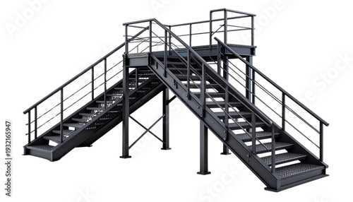 Modern outdoor staircase with metal railings and multiple levels isolated on transparent background