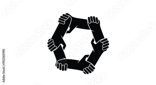 Black hands forming a hexagonal shape symbolize strength, community, and support through collaborative effort, representing teamwork and unity in various endeavors.