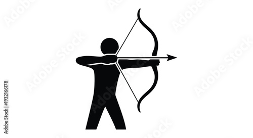 Simple black and white pictogram icon representing an archer aiming a bow and arrow directly forward demonstrating precision and focus