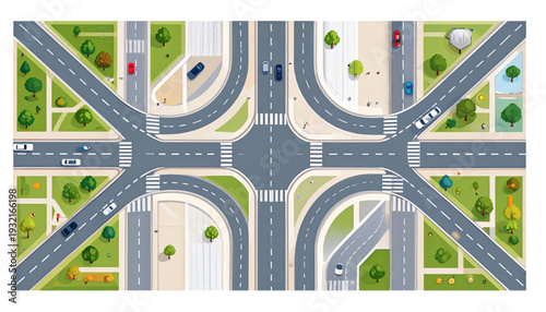 Complex urban intersection with multiple lanes and traffic signals surrounded by greenery isolated on transparent background