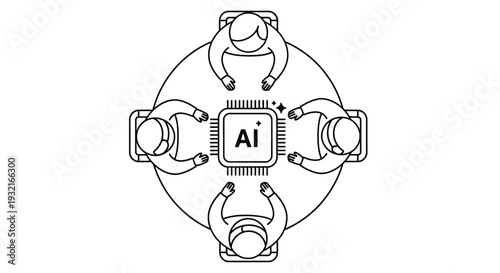 A group of professionals sits around a table collaborating on an artificial intelligence project, brainstorming ideas for technological advancement and innovation in the digital age.