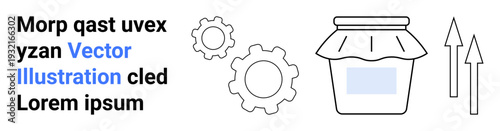 Growth, innovation, business strategy, development, technology upgrades, progress. A jar with a lid, two gears and two arrows pointing upward. Growth and innovation concept