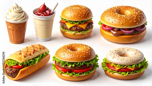 A variety of creative burgers paired with a refreshing drink and fries isolated on transparent background