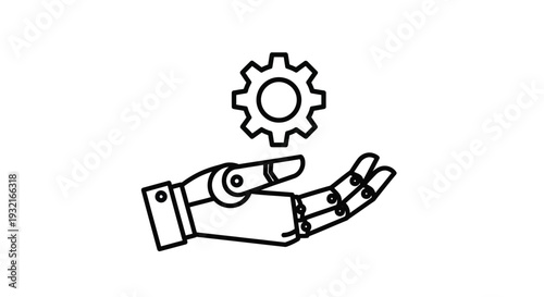 Minimalist line art icon depicts a futuristic robotic hand gently presenting or supporting a mechanical gear mechanism against a white background.