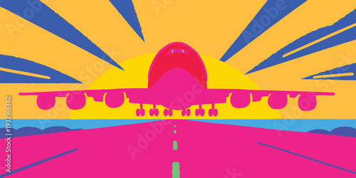 Vibrant pop art illustration of a pink jet plane taking off during a bright golden sunset
